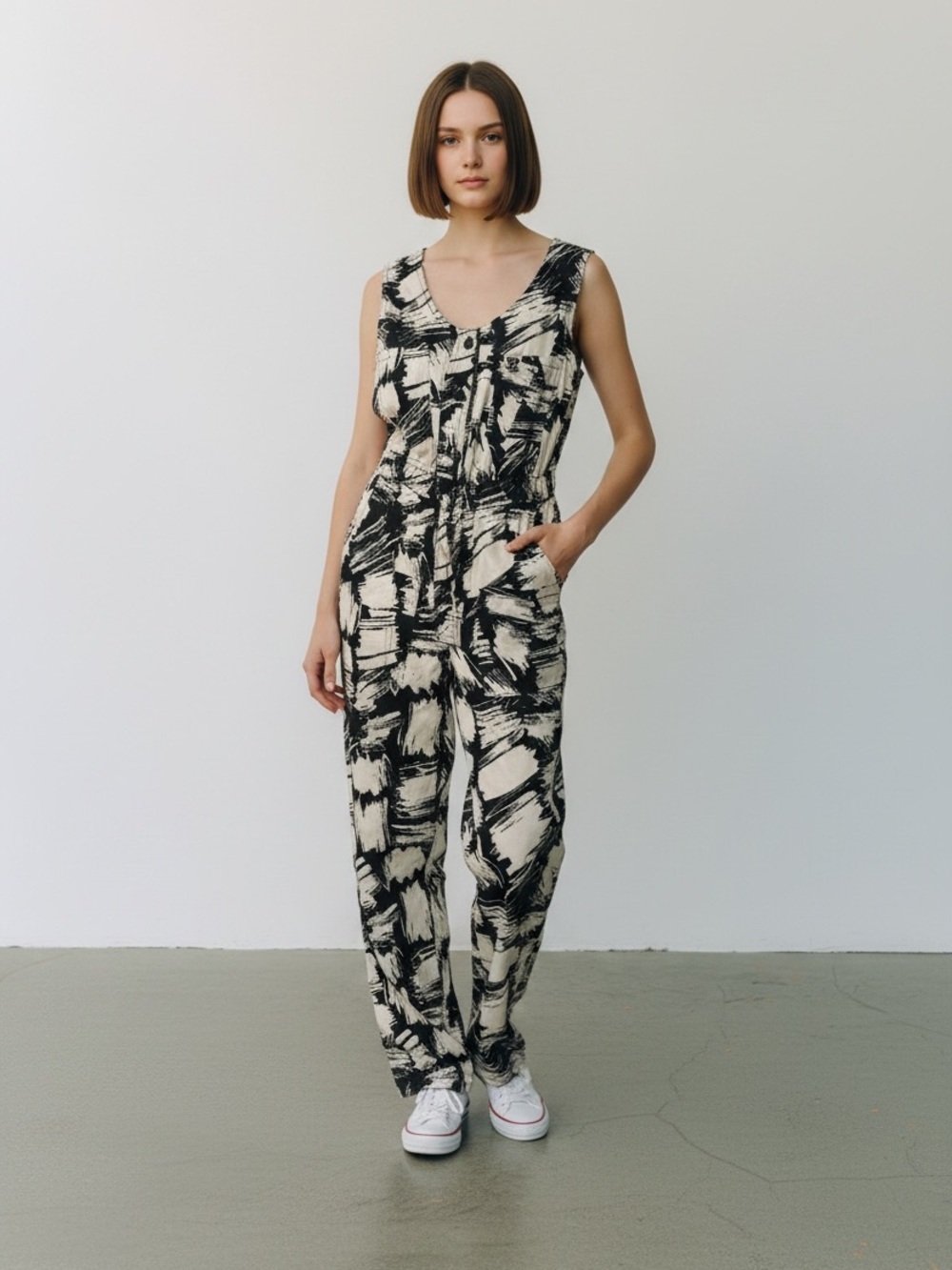 Lucy & Yak organic cotton Black & Cream Brushstroke utility Jumpsuit sustainable